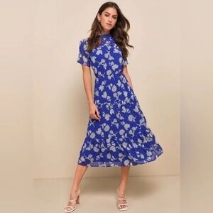Lulu's Royal Blue Midi Dress with Cream Floral Design